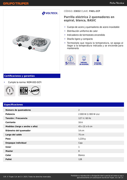 Parrilla Eléctrica 2 Quemadores Espiral BASIC PAEL-2CP - Solución Compacta para Cocinar sin Gas - Acero Inoxidable Blanca