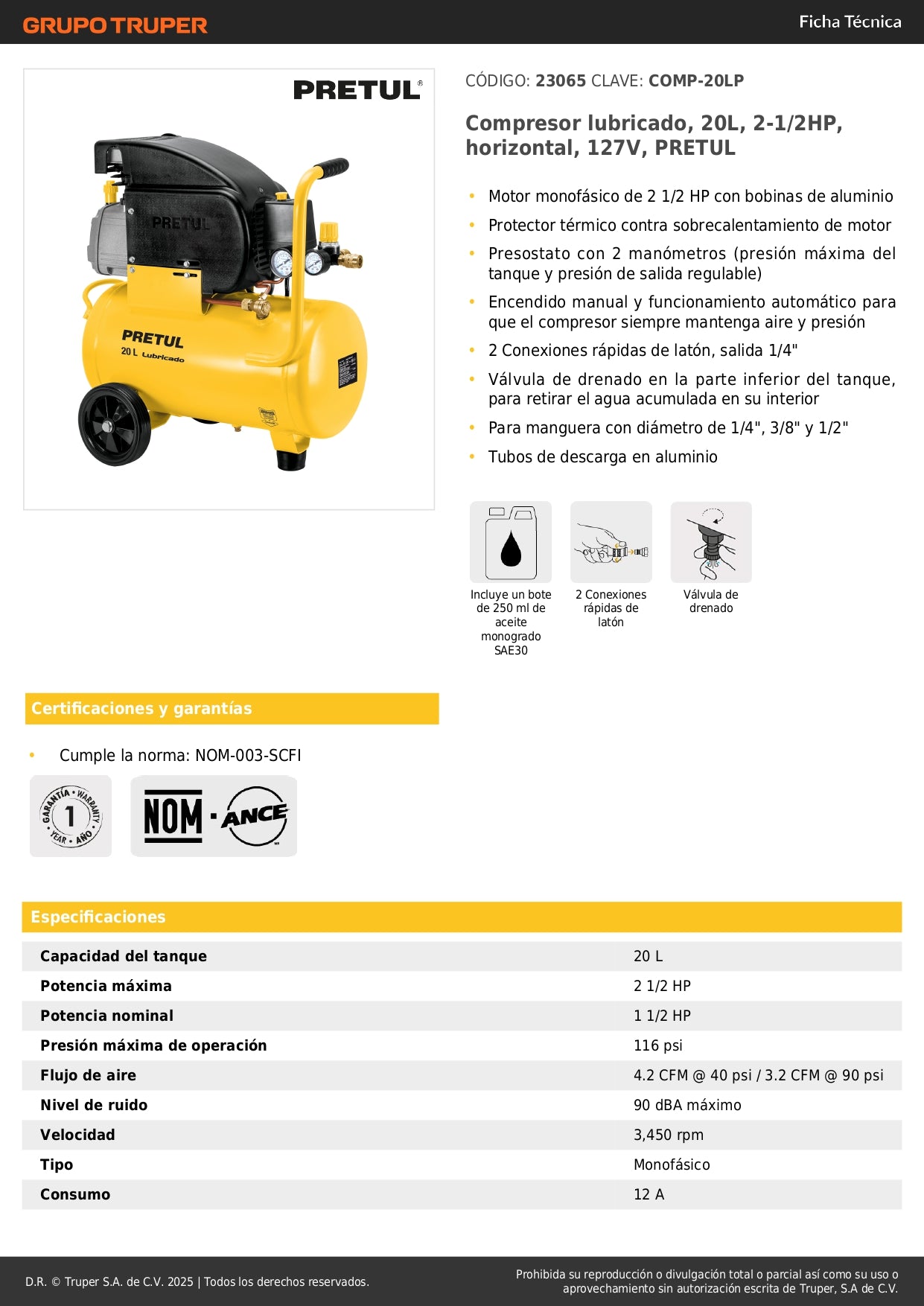 Compresor de Aire Lubricado PRETUL 20 Litros 2.5HP 127V - Motor Monofásico con Presostato Dual y Conexiones Rápidas - Solución Profesional para Herramientas Neumáticas y Talleres
