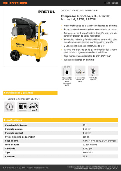 Compresor de Aire Lubricado PRETUL 20 Litros 2.5HP 127V - Motor Monofásico con Presostato Dual y Conexiones Rápidas - Solución Profesional para Herramientas Neumáticas y Talleres