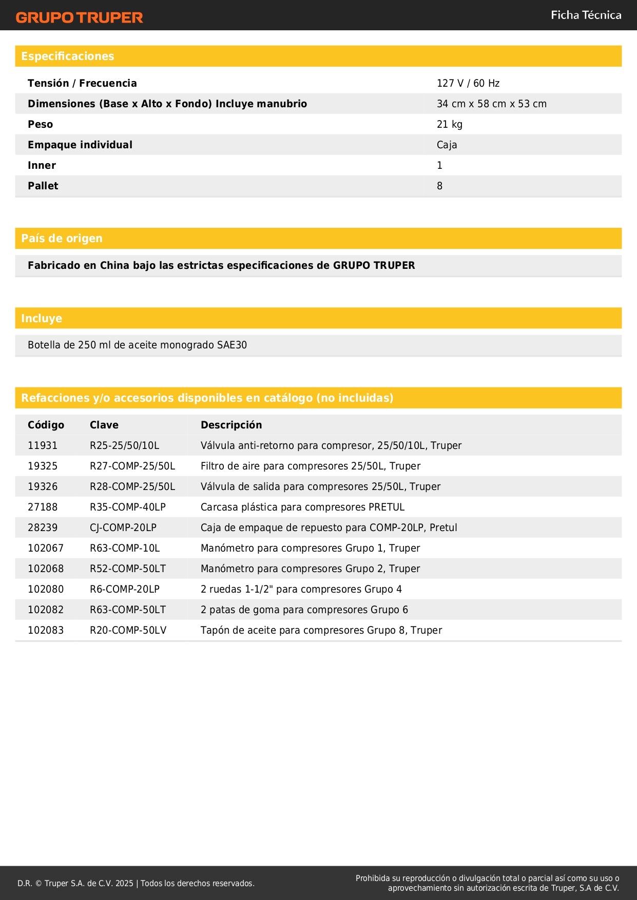 Compresor de Aire Lubricado PRETUL 20 Litros 2.5HP 127V - Motor Monofásico con Presostato Dual y Conexiones Rápidas - Solución Profesional para Herramientas Neumáticas y Talleres