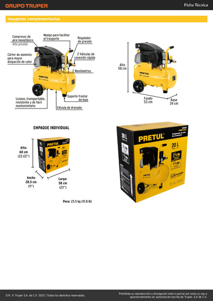 Compresor de Aire Lubricado PRETUL 20 Litros 2.5HP 127V - Motor Monofásico con Presostato Dual y Conexiones Rápidas - Solución Profesional para Herramientas Neumáticas y Talleres