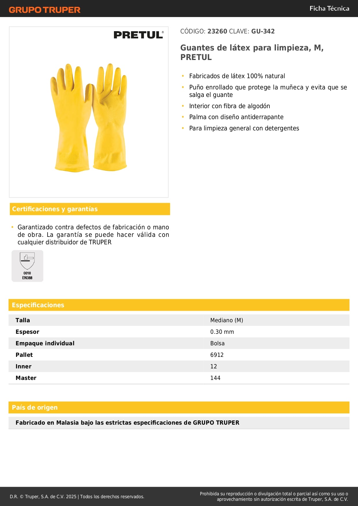 Guantes de Látex PRETUL GU-342 Antiderrapantes para Limpieza Industrial - Protección Profesional con Fibra de Algodón Interior