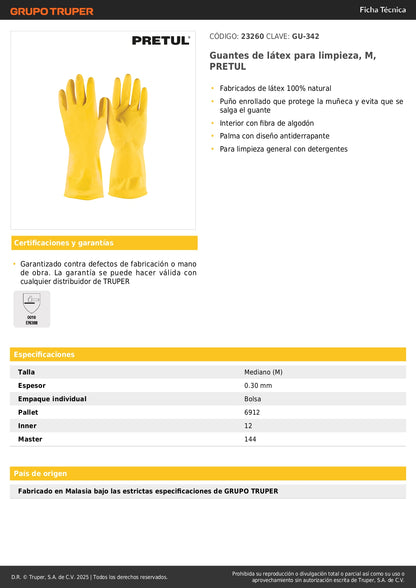 Guantes de Látex PRETUL GU-342 Antiderrapantes para Limpieza Industrial - Protección Profesional con Fibra de Algodón Interior