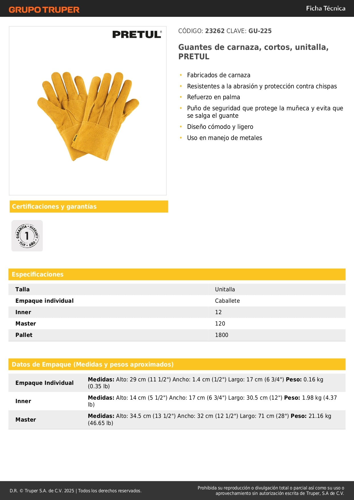 Guantes de Carnaza Cortos PRETUL GU-225 - Protección Industrial contra Chispas y Abrasión para Manejo de Metales