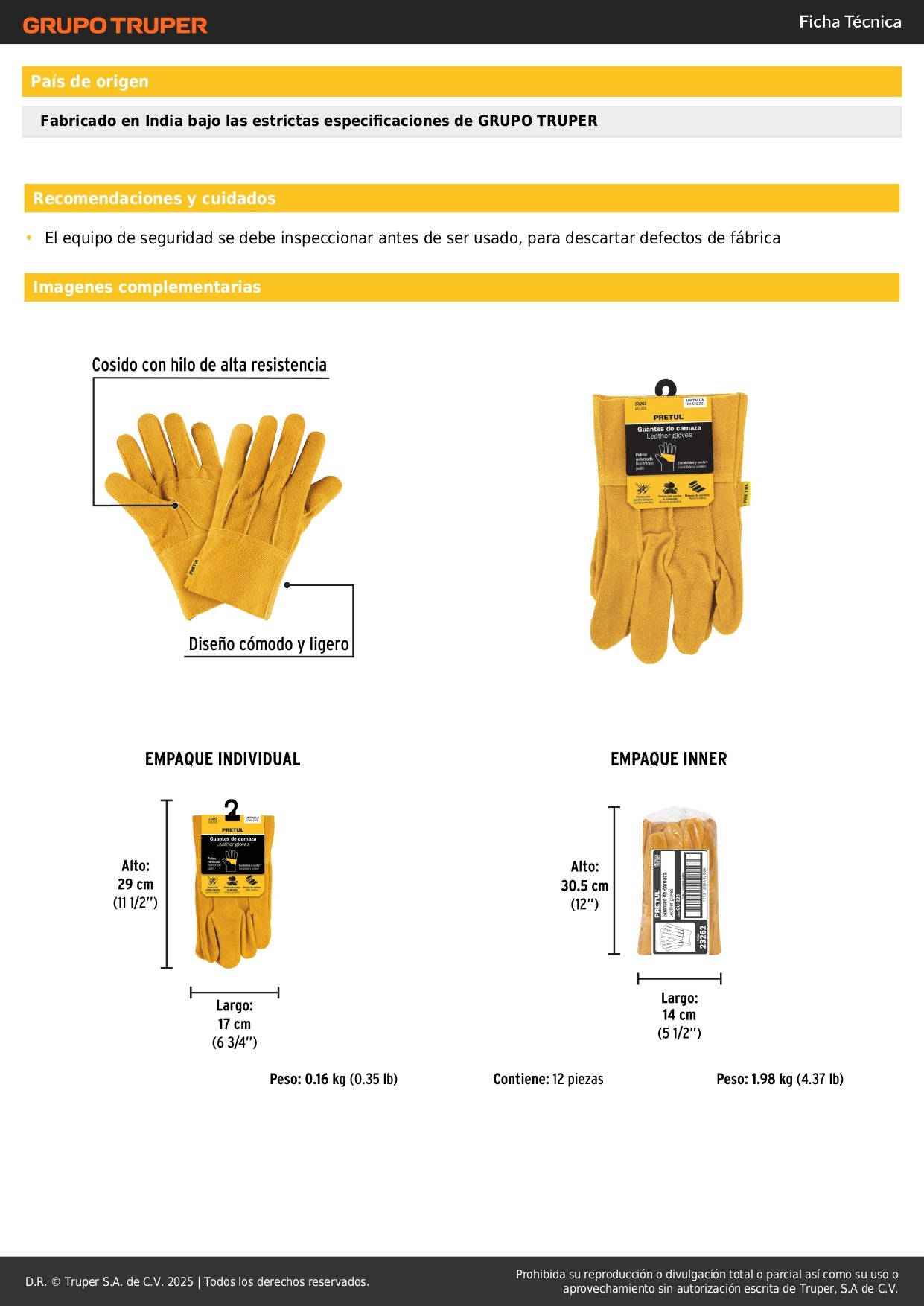 Guantes de Carnaza Cortos PRETUL GU-225 - Protección Industrial contra Chispas y Abrasión para Manejo de Metales