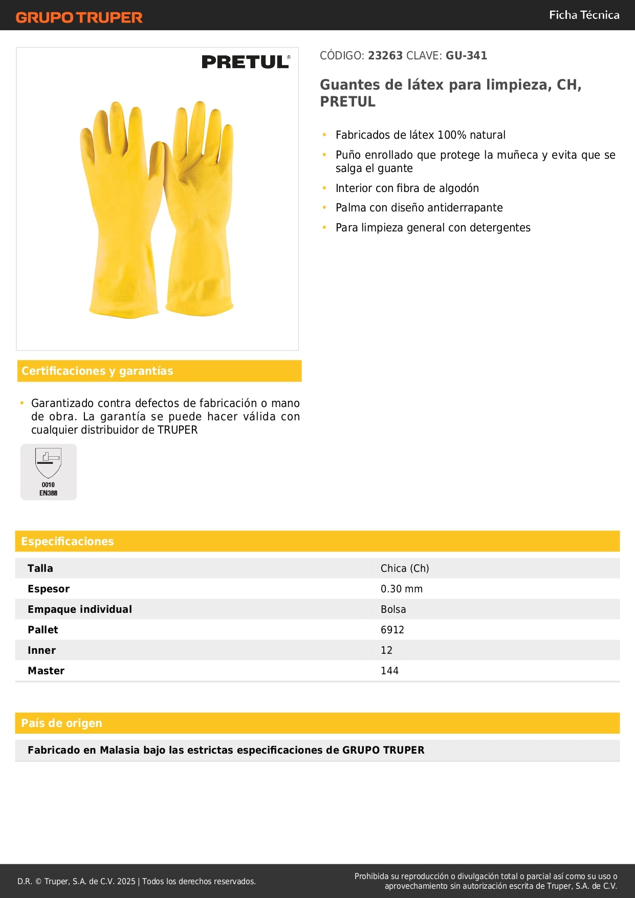 Guantes de Látex PRETUL GU-341 - Antiderrapantes con Fibra de Algodón para Limpieza Industrial y Doméstica
