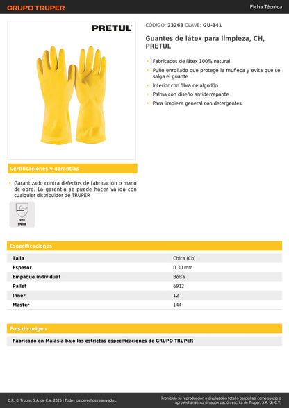 Guantes de Látex PRETUL GU-341 - Antiderrapantes con Fibra de Algodón para Limpieza Industrial y Doméstica
