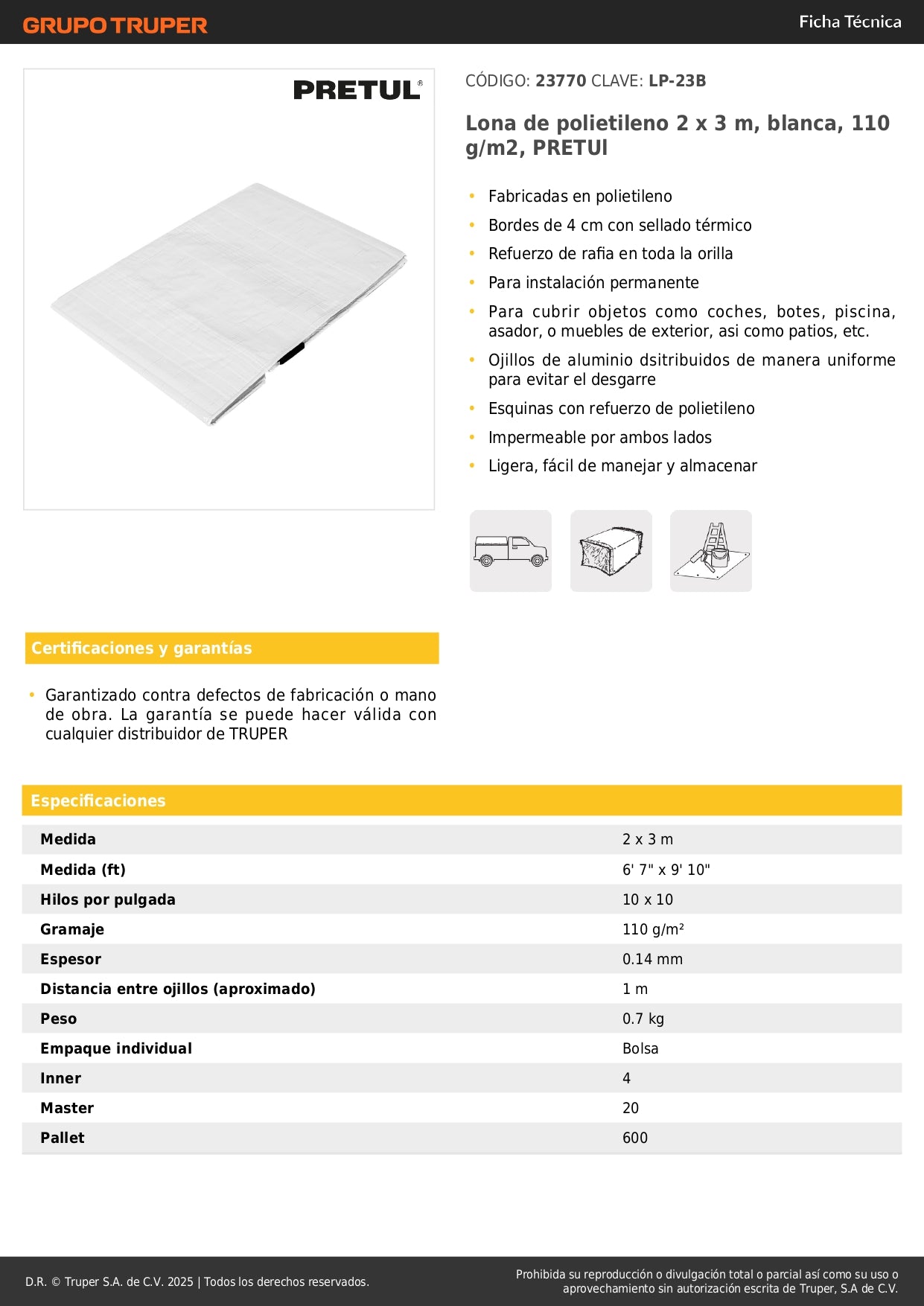 Lona Impermeable Polietileno 2x3m Blanca 110g/m² PRETUL LP-23B - Protección Total Exterior con Ojillos Reforzados