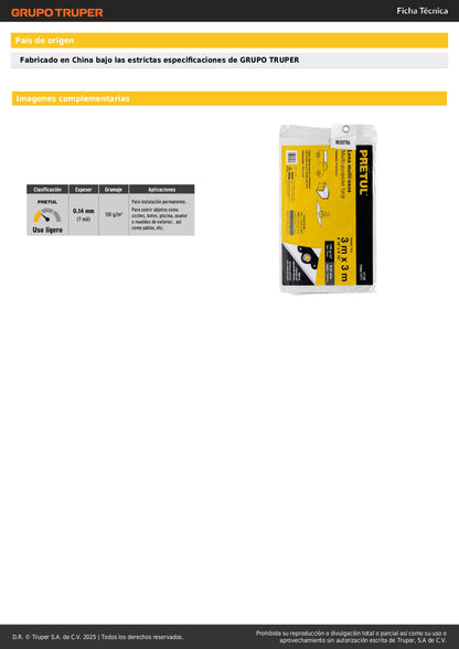 Lona Impermeable Polietileno 3x3m Blanca 110g/m² PRETUL LP-33B - Protección Exterior Reforzada con Ojillos