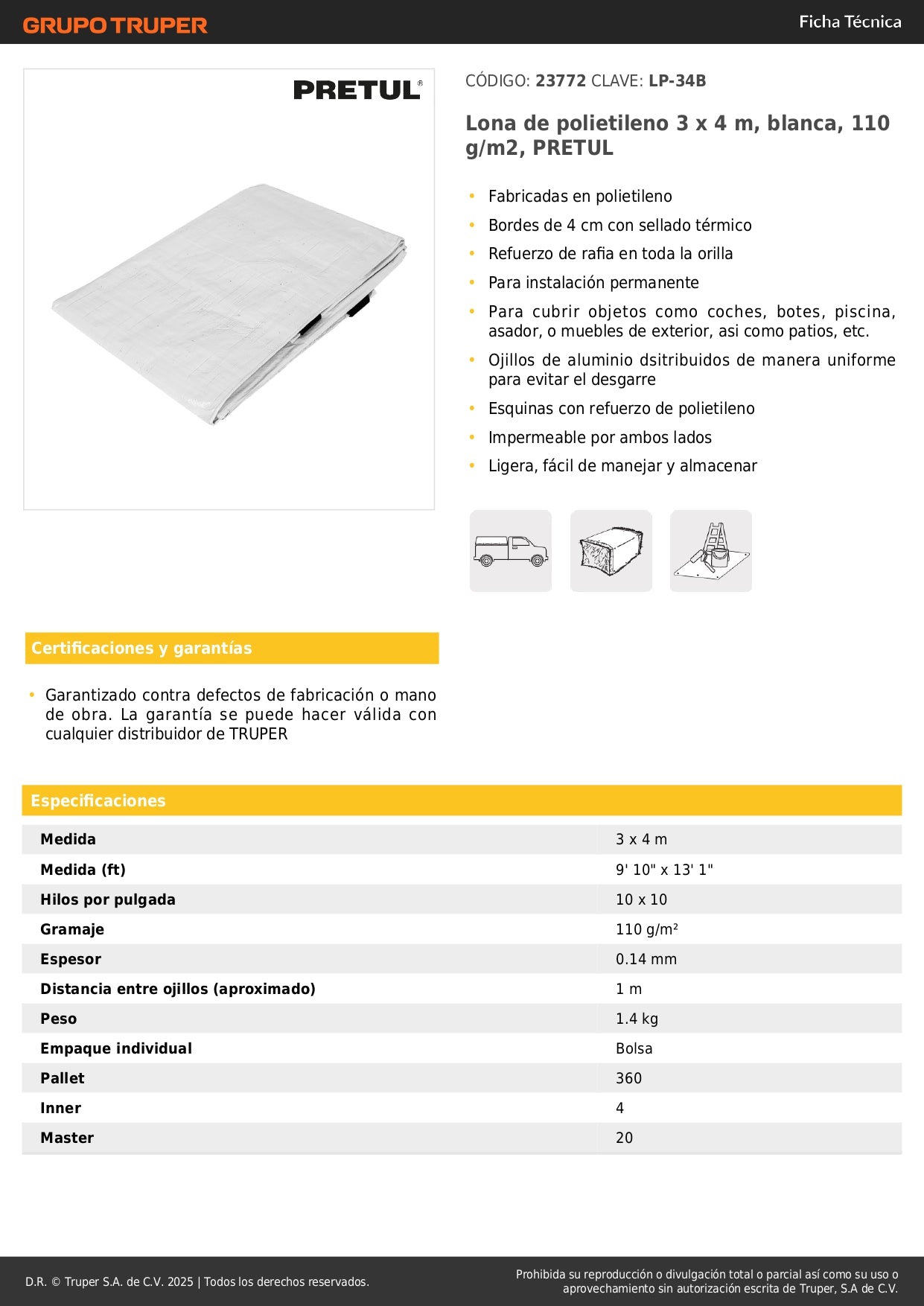 Lona Impermeable PRETUL 3x4m Blanca - Protección Total para Autos, Muebles y Patios - Polietileno Reforzado 110g/m² con Ojillos de Aluminio - LP-34B