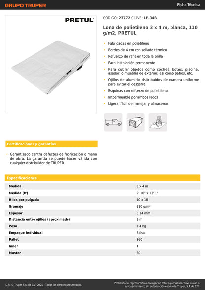 Lona Impermeable PRETUL 3x4m Blanca - Protección Total para Autos, Muebles y Patios - Polietileno Reforzado 110g/m² con Ojillos de Aluminio - LP-34B