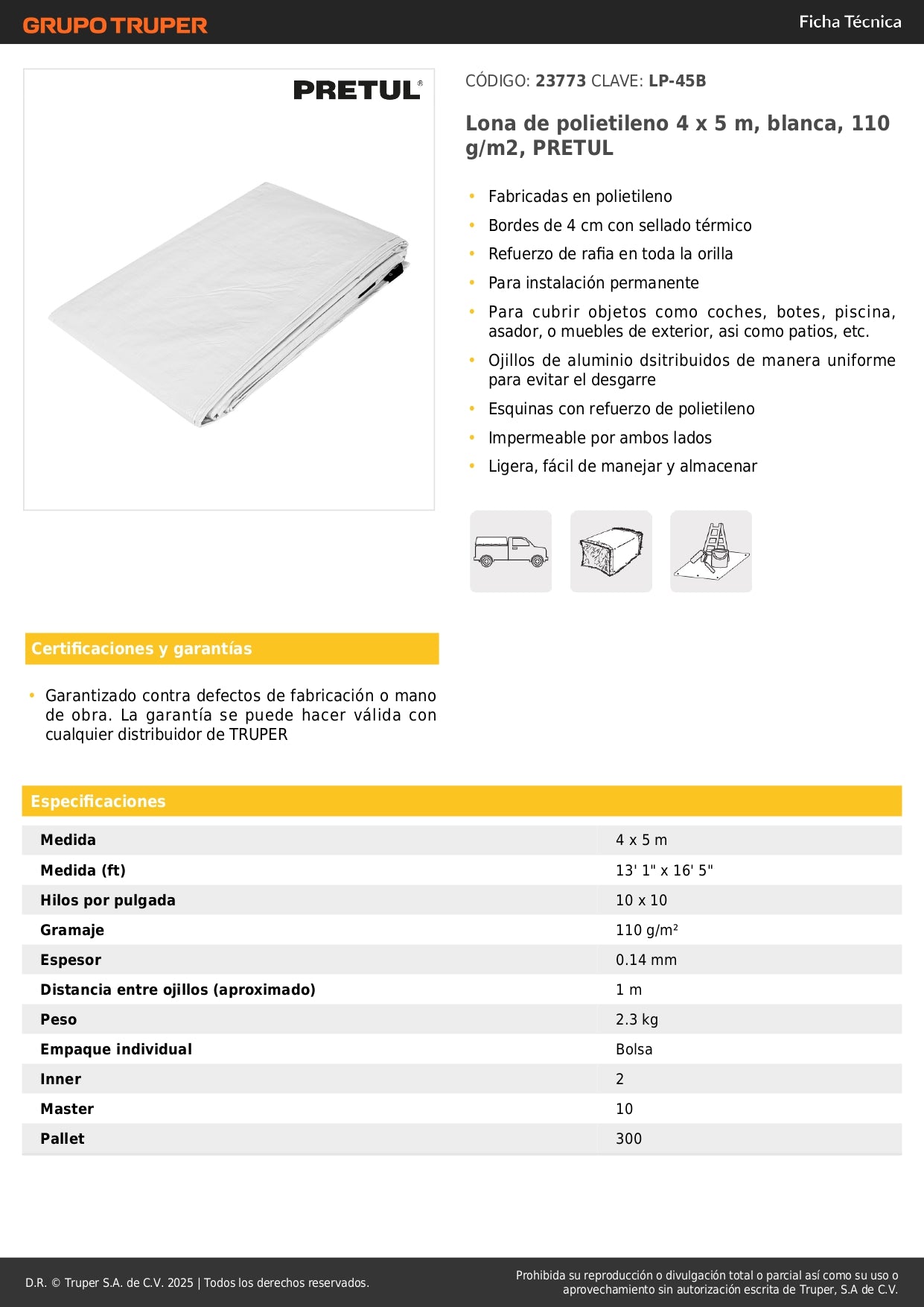 Lona Impermeable PRETUL 4x5m Blanca - Protección Total para Autos, Piscinas y Muebles Exterior - Polietileno Reforzado 110g/m² con Ojillos Aluminio LP-45B