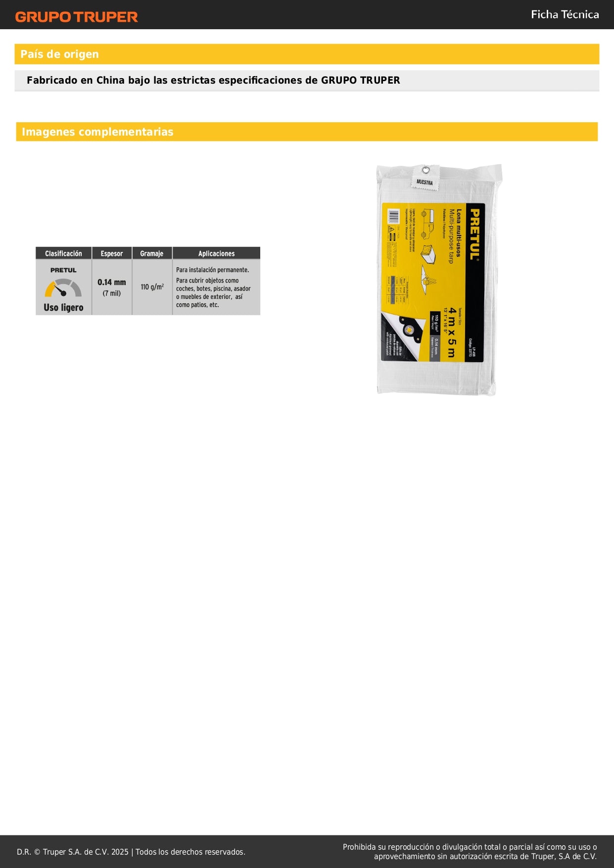 Lona Impermeable PRETUL 4x5m Blanca - Protección Total para Autos, Piscinas y Muebles Exterior - Polietileno Reforzado 110g/m² con Ojillos Aluminio LP-45B