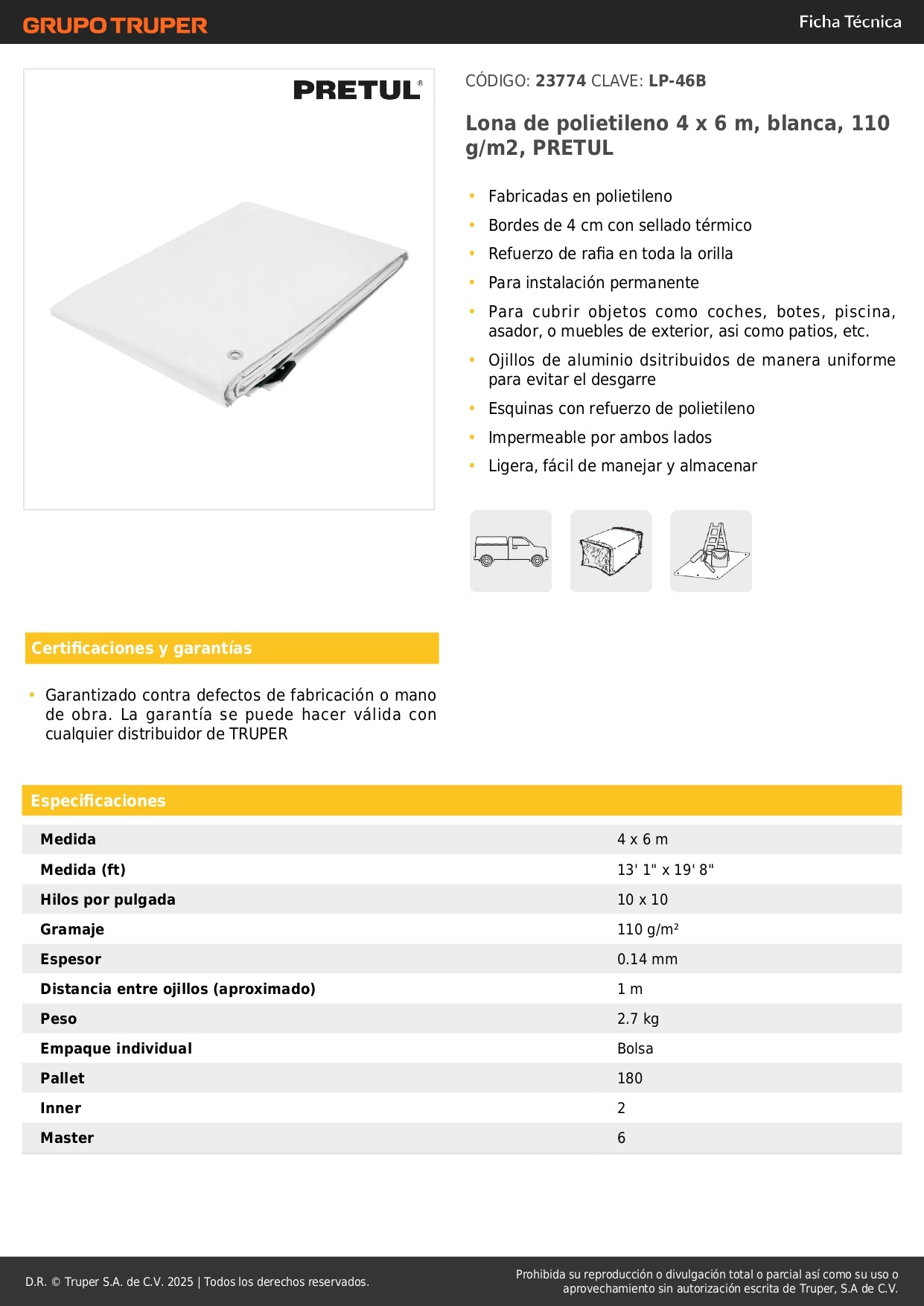 Lona Impermeable PRETUL 4x6m Blanca - Protección Total para Autos, Piscinas y Muebles Exterior - Polietileno Reforzado 110g/m² LP-46B