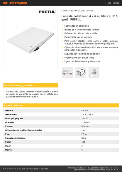 Lona Impermeable PRETUL 4x6m Blanca - Protección Total para Autos, Piscinas y Muebles Exterior - Polietileno Reforzado 110g/m² LP-46B