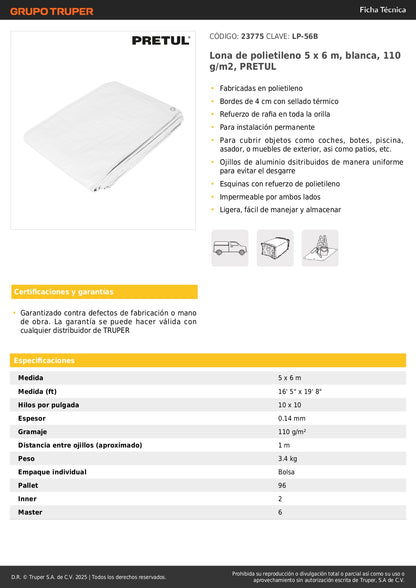 Lona Impermeable PRETUL 5x6m Blanca - Protección Total para Autos, Piscinas y Muebles Exterior - Polietileno Reforzado 110g/m² con Ojillos Aluminio LP-56B