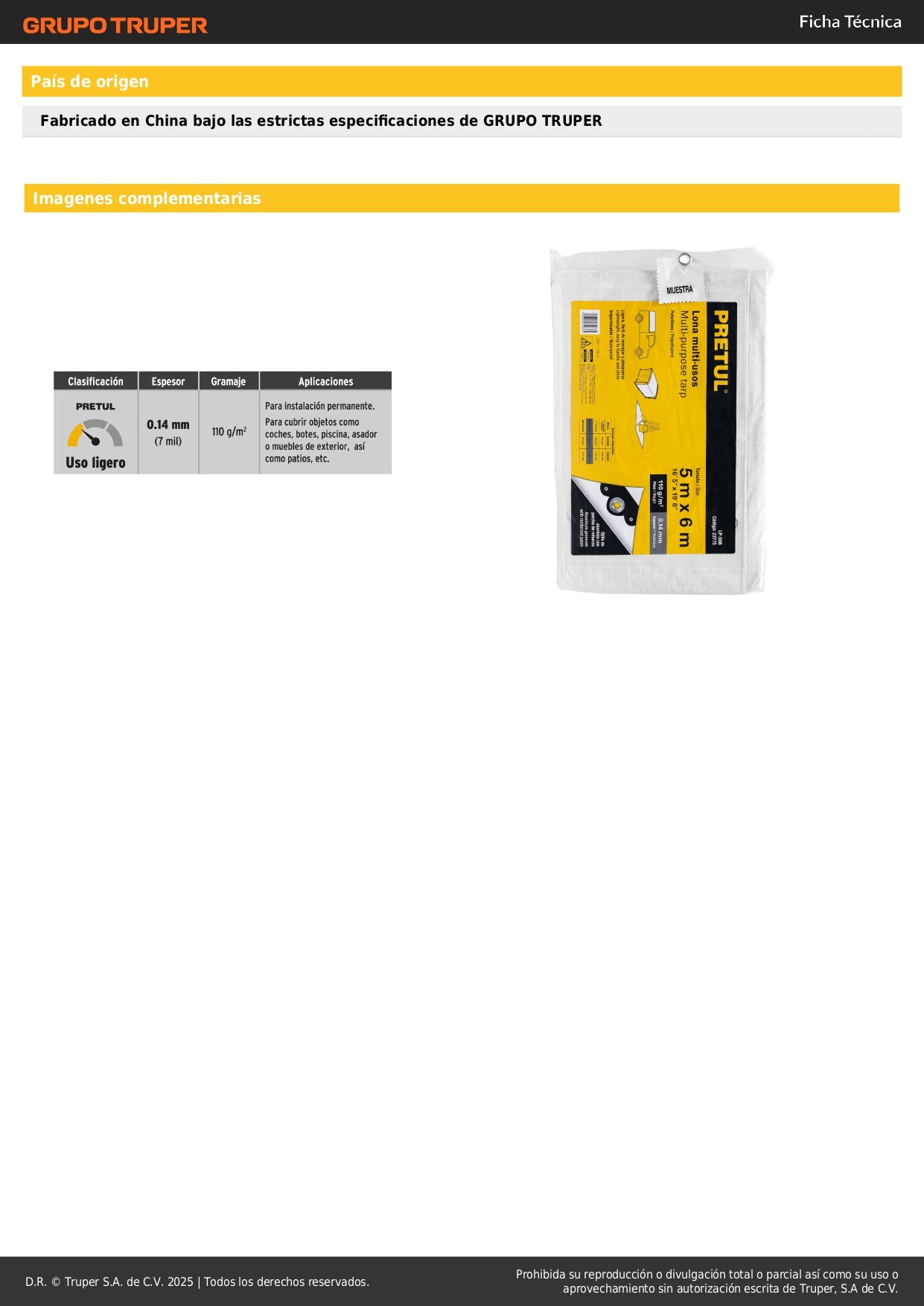 Lona Impermeable PRETUL 5x6m Blanca - Protección Total para Autos, Piscinas y Muebles Exterior - Polietileno Reforzado 110g/m² con Ojillos Aluminio LP-56B