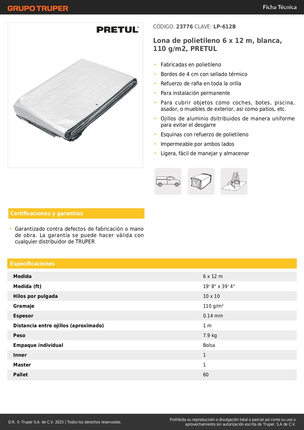 Lona Impermeable PRETUL 6x12m Blanca 110g/m² - Protección Total para Autos, Piscinas y Muebles Exterior - Reforzada con Ojillos Aluminio