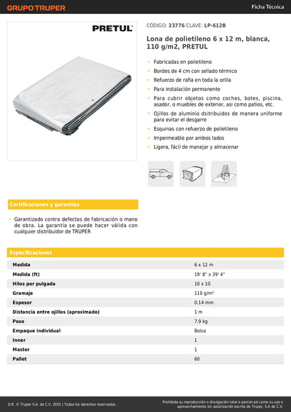 Lona Impermeable PRETUL 6x12m Blanca 110g/m² - Protección Total para Autos, Piscinas y Muebles Exterior - Reforzada con Ojillos Aluminio