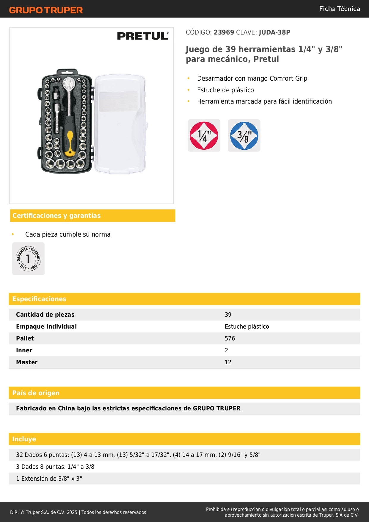 Juego de Herramientas Mecánicas Pretul 39 Piezas 1/4" y 3/8" con Estuche - Kit Completo para Reparación Automotriz y Mantenimiento Profesional JUDA-38P