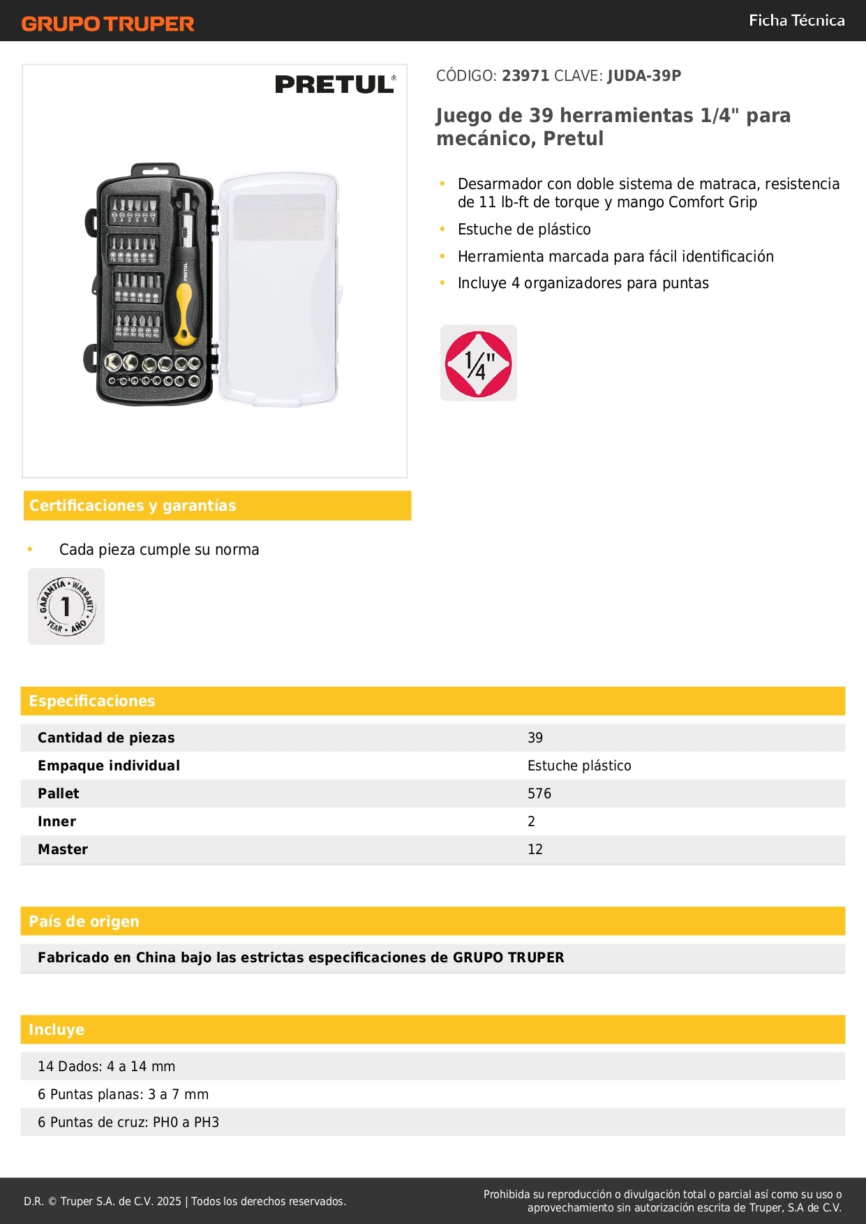 Juego de 39 Herramientas 1/4 Pulgada Pretul JUDA-39P - Kit Completo Mecánico Profesional con Matraca Doble Sistema y Mango Comfort Grip - Solución Integral para Reparación Automotriz