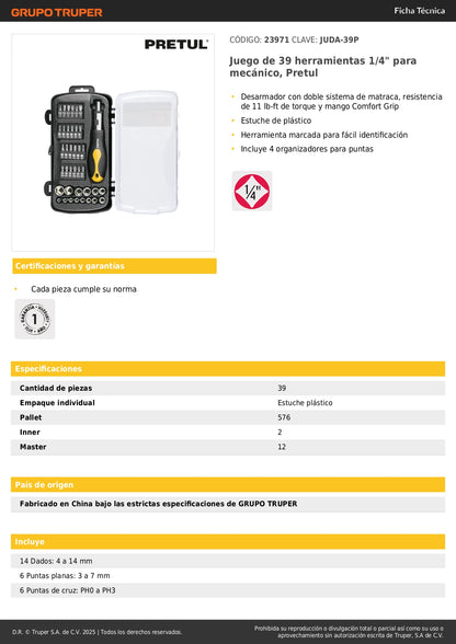 Juego de 39 Herramientas 1/4 Pulgada Pretul JUDA-39P - Kit Completo Mecánico Profesional con Matraca Doble Sistema y Mango Comfort Grip - Solución Integral para Reparación Automotriz