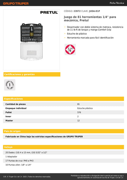 Juego de Herramientas Mecánico 81 Piezas 1/4" Pretul JUDA-81P - Kit Profesional con Matraca y Estuche - Solución Completa para Reparación Automotriz