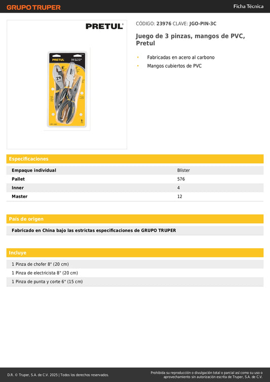 Juego 3 Pinzas Pretul Acero Carbono Mangos PVC - Herramientas Profesionales Agarre Seguro Trabajos Precisión Mecánica Electricidad - JGO-PIN-3C