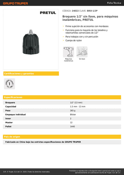 Broquero 1/2" sin llave, para máquinas inalámbricas, PRETUL