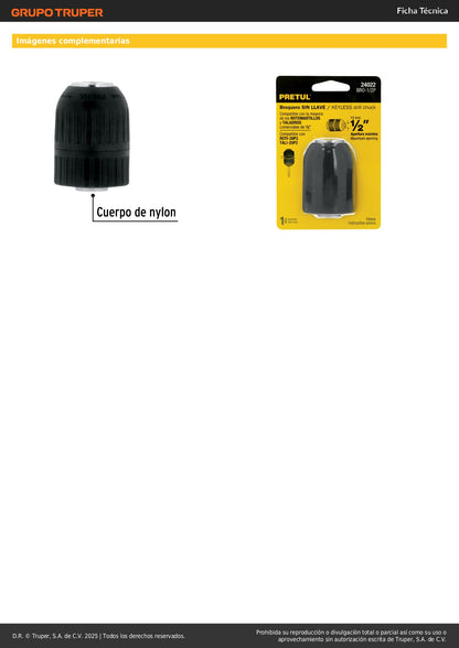 Broquero 1/2" sin llave, para máquinas inalámbricas, PRETUL