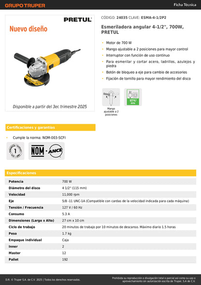 Esmeriladora Angular PRETUL 4-1/2 Pulgadas 700W ESMA-4-1/2P2 - Motor Potente Mango Ajustable Uso Continuo