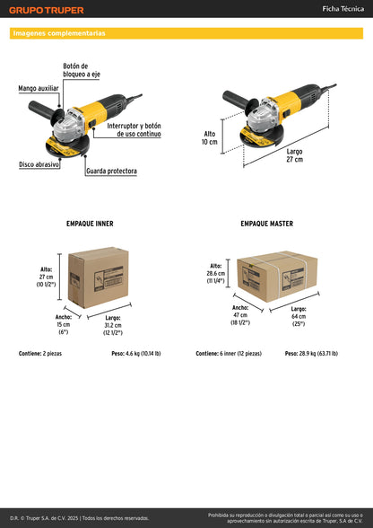 Esmeriladora Angular PRETUL 4-1/2 Pulgadas 700W ESMA-4-1/2P2 - Motor Potente Mango Ajustable Uso Continuo