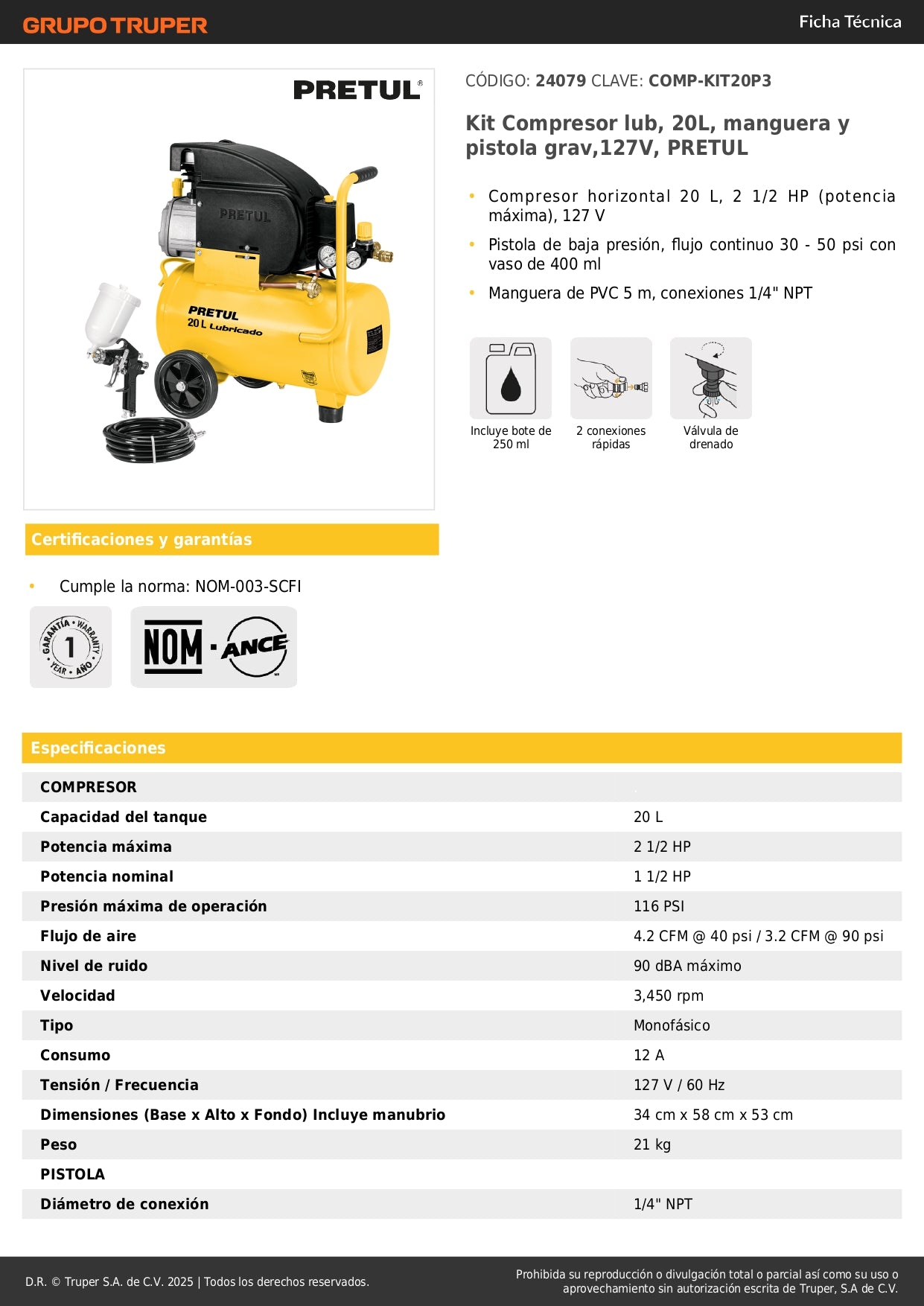 Kit Compresor de Aire 20L con Pistola y Manguera - Solución Completa para Pintura y Inflado - 2.5HP 127V PRETUL