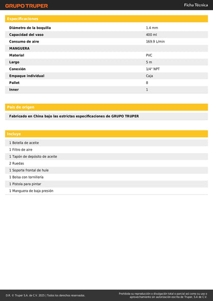 Kit Compresor de Aire 20L con Pistola y Manguera - Solución Completa para Pintura y Inflado - 2.5HP 127V PRETUL