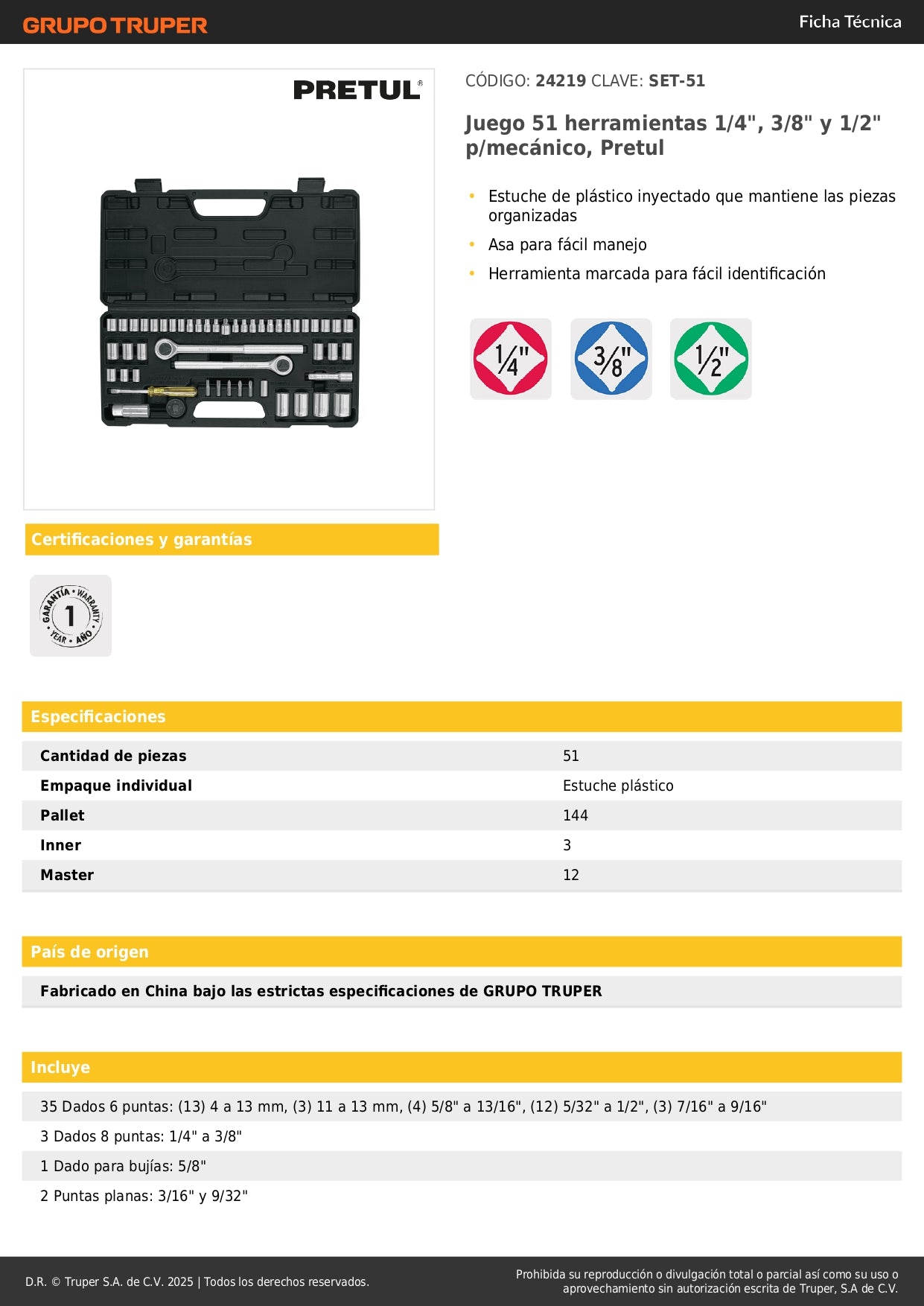 Juego 51 Herramientas Mecánico Pretul SET-51 - Dados 1/4 3/8 1/2 Pulgada con Estuche Organizado para Reparación Automotriz Profesional
