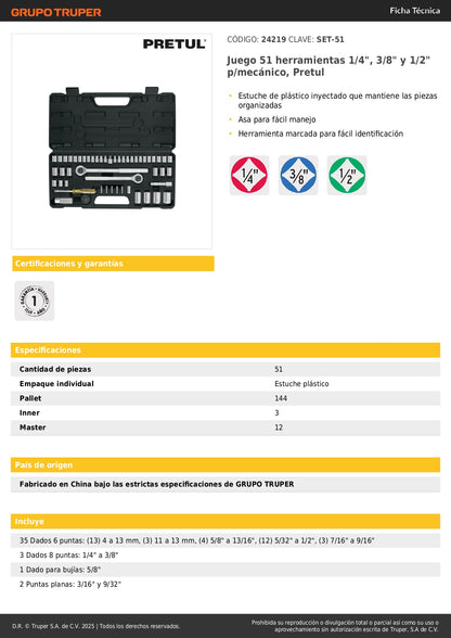 Juego 51 Herramientas Mecánico Pretul SET-51 - Dados 1/4 3/8 1/2 Pulgada con Estuche Organizado para Reparación Automotriz Profesional