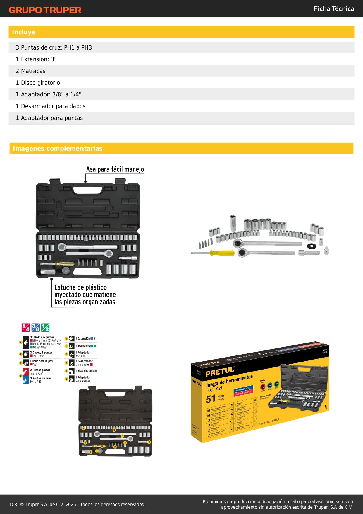 Juego 51 Herramientas Mecánico Pretul SET-51 - Dados 1/4 3/8 1/2 Pulgada con Estuche Organizado para Reparación Automotriz Profesional