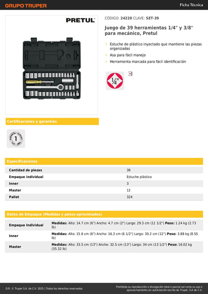 Juego de 39 Herramientas Mecánico 1/4 y 3/8 Pulgadas SET-39 Pretul - Kit Completo con Estuche Organizado para Reparación Automotriz y Mantenimiento Profesional