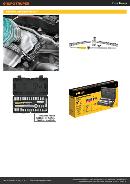 Juego de 39 Herramientas Mecánico 1/4 y 3/8 Pulgadas SET-39 Pretul - Kit Completo con Estuche Organizado para Reparación Automotriz y Mantenimiento Profesional