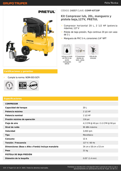 Kit Compresor de Aire 20L con Pistola de Baja Presión y Manguera 5m - Solución Completa para Pintura y Aplicaciones Neumáticas 127V PRETUL - Ideal para Talleres y Proyectos de Bricolaje