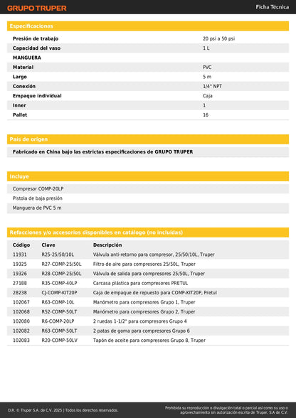 Kit Compresor de Aire 20L con Pistola de Baja Presión y Manguera 5m - Solución Completa para Pintura y Aplicaciones Neumáticas 127V PRETUL - Ideal para Talleres y Proyectos de Bricolaje