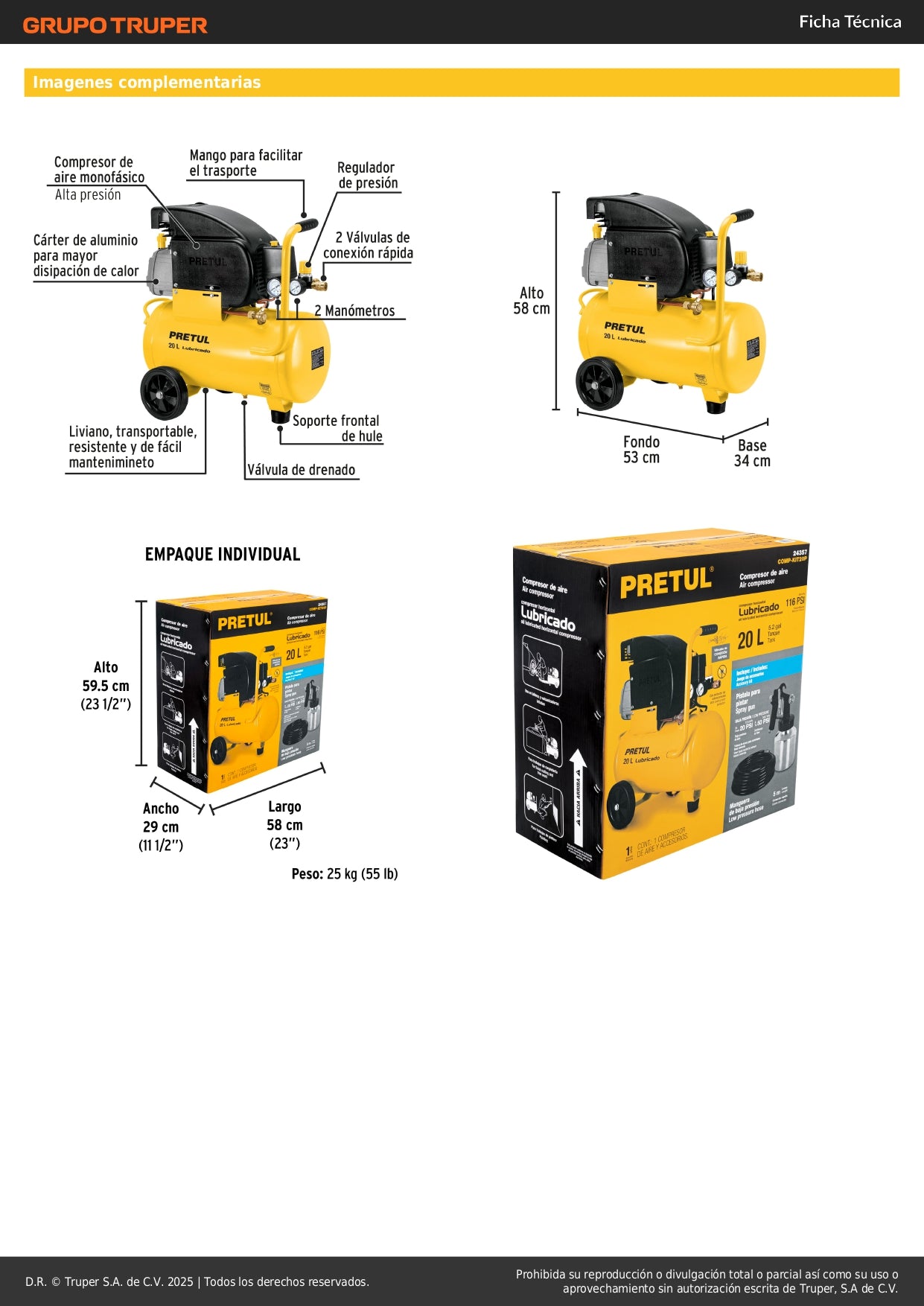 Kit Compresor de Aire 20L con Pistola de Baja Presión y Manguera 5m - Solución Completa para Pintura y Aplicaciones Neumáticas 127V PRETUL - Ideal para Talleres y Proyectos de Bricolaje