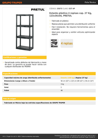 Estante Organizador Plástico 4 Niveles PRETUL - Solución Profesional de Almacenamiento