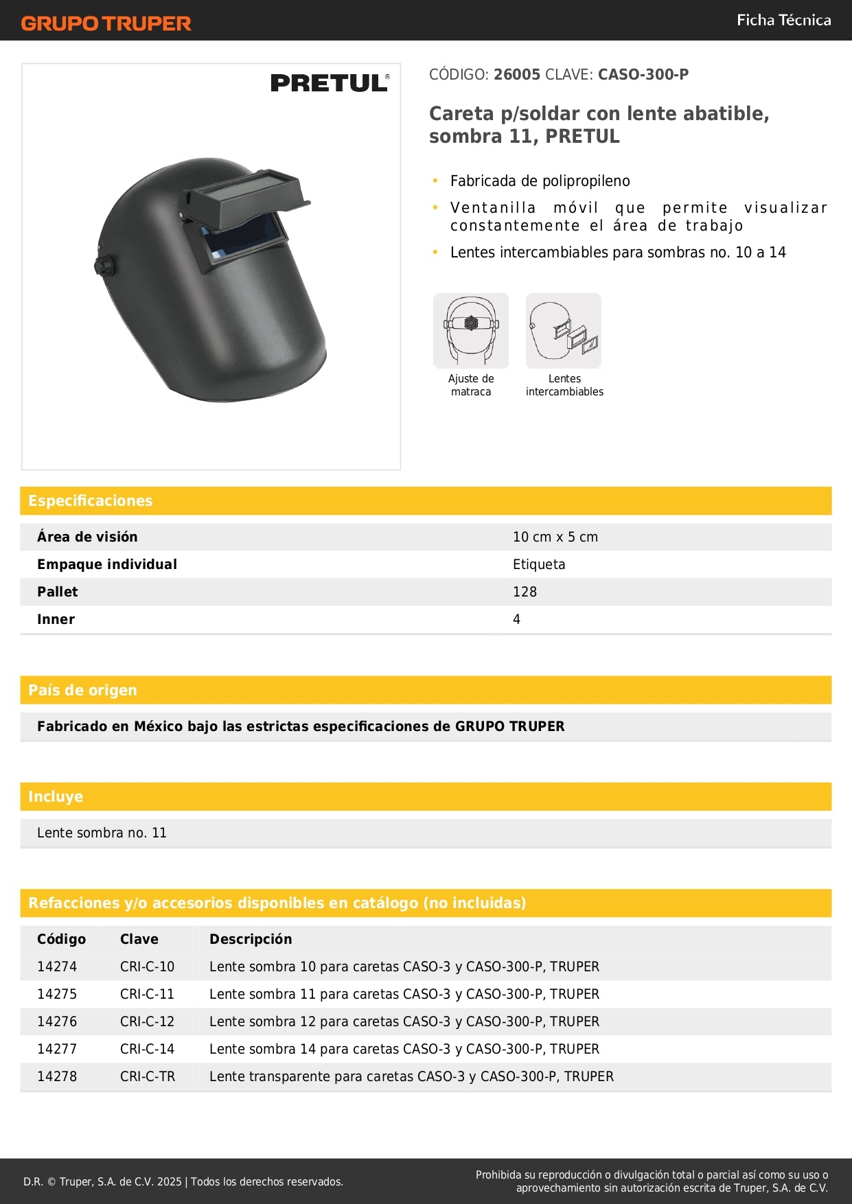 Careta Soldadura Profesional PRETUL CASO-300-P - Lente Abatible Sombra 11 - Protección Completa Ojos y Rostro