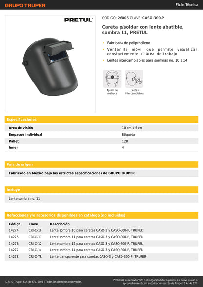 Careta Soldadura Profesional PRETUL CASO-300-P - Lente Abatible Sombra 11 - Protección Completa Ojos y Rostro