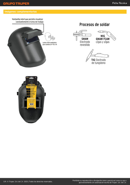 Careta Soldadura Profesional PRETUL CASO-300-P - Lente Abatible Sombra 11 - Protección Completa Ojos y Rostro