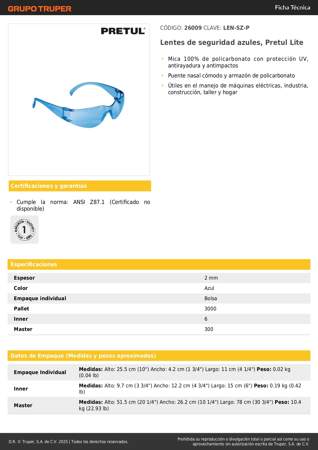 Lentes de Seguridad Azules Pretul Lite LEN-SZ-P - Protección UV Antiimpactos para Industria y Construcción