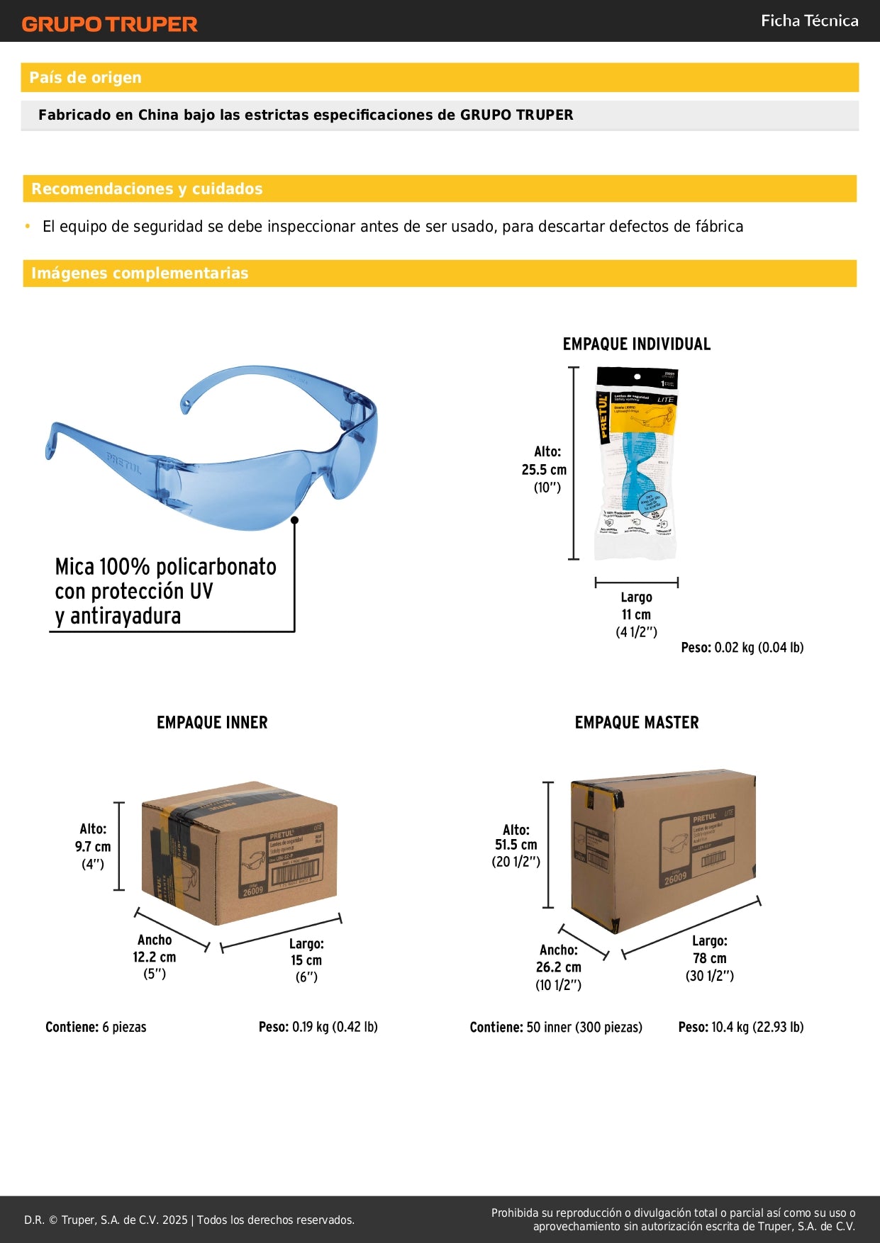 Lentes de Seguridad Azules Pretul Lite LEN-SZ-P - Protección UV Antiimpactos para Industria y Construcción
