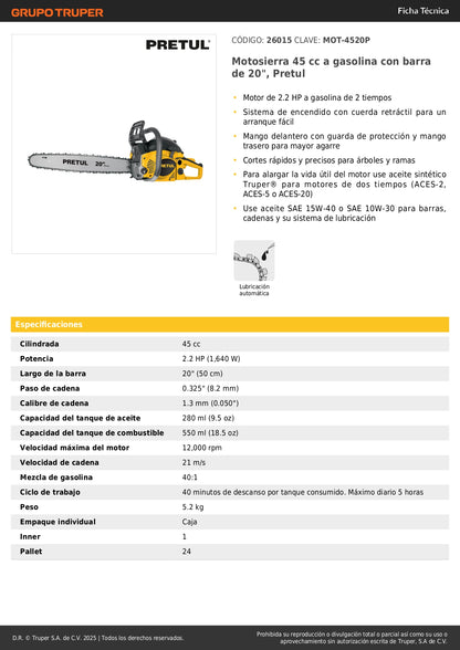 Motosierra Pretul 45cc Gasolina Barra 20 Pulgadas MOT-4520P - Corte Profesional Árboles y Ramas Motor 2.2HP Arranque Fácil