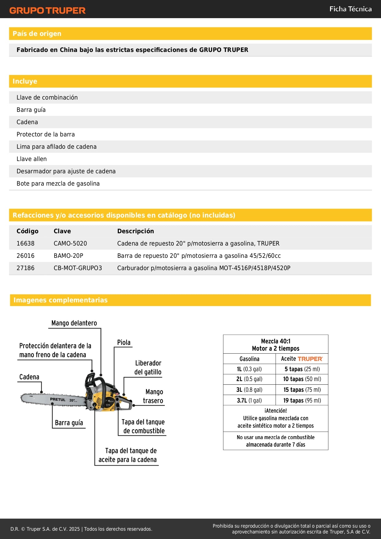 Motosierra Pretul 45cc Gasolina Barra 20 Pulgadas MOT-4520P - Corte Profesional Árboles y Ramas Motor 2.2HP Arranque Fácil